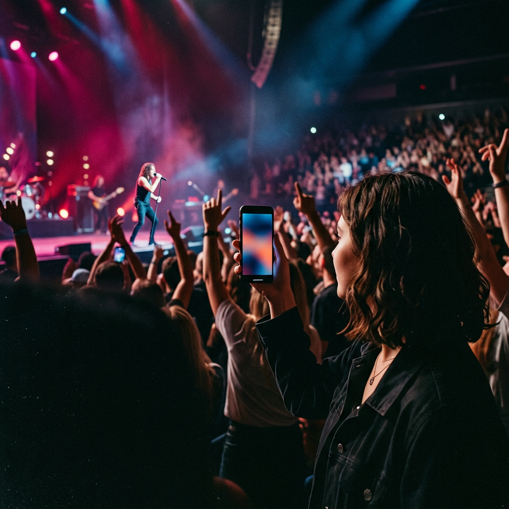 A fan raising their phone during a live show, capturing the electric energy of the concert
